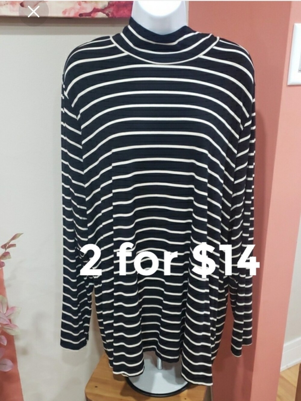 Ava & Viv Mock Turtleneck Long Sleeve Black & White Striped Women's Top, 3X